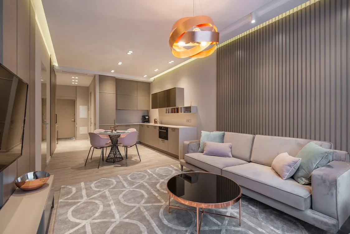 Free Contemporary apartment with kitchen and stylish living zone Stock Photo